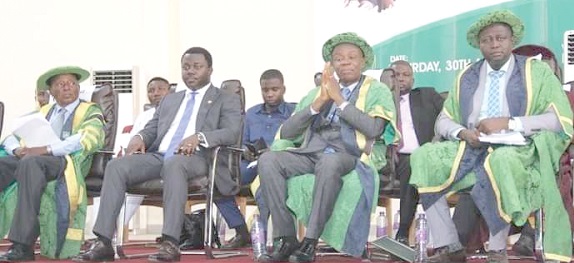   Prof. Gabriel Ayum Teye (middle), VC of UDS, Prof. Wayo Seini (right), University Governing Council Chairman, John Ntim Fordjour (left), Deputy Education Minister at the congregation