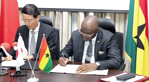 Hisanobu Mochizuki (left), Japanese Ambassador to Ghana, and Kwaku Ampratwum-Sarpong, Deputy Minister, Foreign Affairs and Regional Integration, signing the agreement. Picture: ERNEST KODZI Hisanobu Mochizuki (left), Japanese Ambassador to Ghana, and Kwaku Ampratwum-Sarpong, Deputy Minister, Foreign Affairs and Regional Integration, signing the agreement. Picture: ERNEST KODZI