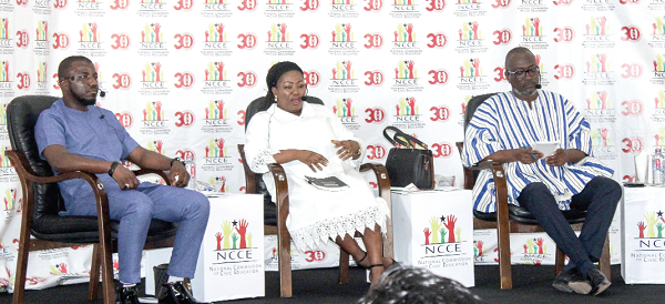 Dr Seidu Alidu (left), Senior Lecturer, Political Science Department, UG; Clara Beeri Kasser-Tee (middle), Lecturer, School of Law, UG, and Prof. Henry Kwesi Prempeh (right), Executive Director, CDD-Ghana, in a panel discussion at the lecture. Picture: ERNEST KODZI Dr Seidu Alidu (left), Senior Lecturer, Political Science Department, UG; Clara Beeri Kasser-Tee (middle), Lecturer, School of Law, UG, and Prof. Henry Kwesi Prempeh (right), Executive Director, CDD-Ghana, in a panel discussion at the lecture. Picture: ERNEST KODZI