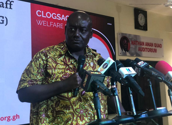 Executive Secretary of CLOGSAG, Mr Isaac Bampoe Addo addressing the press conference CLOGSAG calls off 'political neutrality allowance' strike