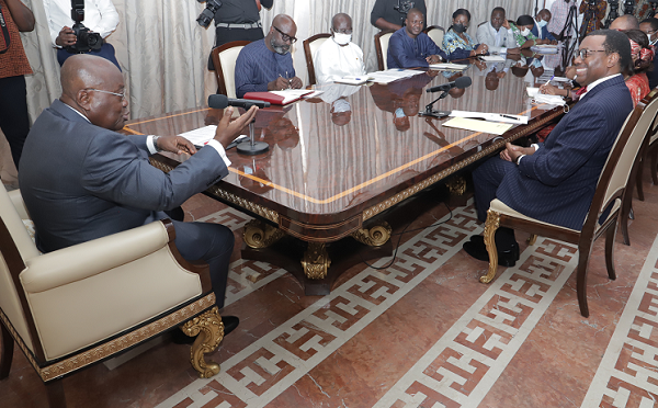 President Akufo-Addo addressng a delegation from African Development Bank, led by Dr Akinwumi A. Adesina (right), President of the African Development Bank. Picture: SAMUEL TEI ADANO President Akufo-Addo addressng a delegation from African Development Bank, led by Dr Akinwumi A. Adesina (right), President of the African Development Bank. Picture: SAMUEL TEI ADANO