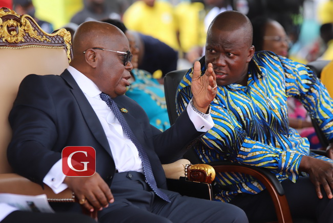 President Akufo-Addo in a tete a tete with the Lands and Natural Resources Minister, Samuel Abu Jinapor