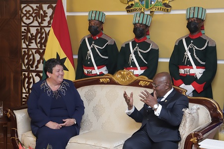 President Akufo-Addo interacting with Virginia Evelyn Palmer, the US Ambassador to Ghana, at the Jubilee House