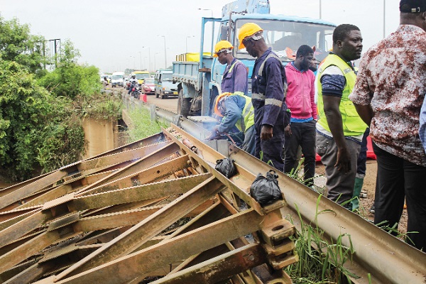 Damaged bridge at Abattoir, Tema Motorway. Pictures: ERNEST KODZI