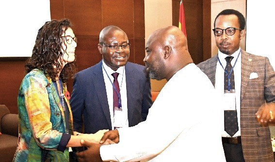 ichael Okyere Baafi (2nd from right), Deputy Minister of Trade and Industry in a handshake with Ms Harriet Thompson (left), the British High Commissioner to Ghana, during the Standards Partnership Pilot launch. With them are Prof. Alex Dodoo (2nd from left), President of the African Organisation for Standadisation and Director General of the Ghana Standards Authority, and an official of ARSO. Picture: EBOW HANSON ichael Okyere Baafi (2nd from right), Deputy Minister of Trade and Industry in a handshake with Ms Harriet Thompson (left), the British High Commissioner to Ghana, during the Standards Partnership Pilot launch. With them are Prof. Alex Dodoo (2nd from left), President of the African Organisation for Standadisation and Director General of the Ghana Standards Authority, and an official of ARSO. Picture: EBOW HANSON