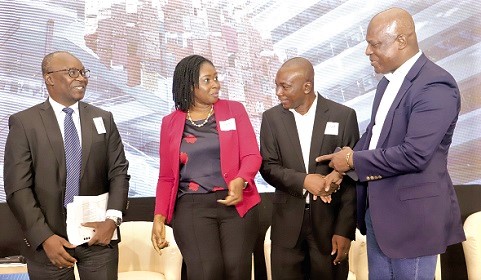 Ato Afful (right), Managing Director, GCGL, in a handshake with Prof. Godfred Bokpin (2nd from right), an economist. With them are Dr Priscilla Twumasi Baffour (3rd from right), Senior Lecturer, Department of Economics, University of Ghana, and Dr Valentin Mensah (left), Governance Researcher. Picture: SAMUEL TEI ADANO Ato Afful (right), Managing Director, GCGL, in a handshake with Prof. Godfred Bokpin (2nd from right), an economist. With them are Dr Priscilla Twumasi Baffour (3rd from right), Senior Lecturer, Department of Economics, University of Ghana, and Dr Valentin Mensah (left), Governance Researcher. Picture: SAMUEL TEI ADANO