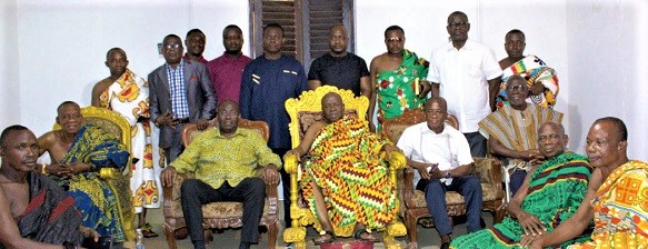 Delegation from GIADEC and OPCL with Ogyeahoho Yaw Gyebi II (seated middle), the President of the Western North Regional House of Chiefs and Sefwi Anhwiaso Traditional Council, and his elders at his palace in Sefwi Anhwiaso Delegation from GIADEC and OPCL with Ogyeahoho Yaw Gyebi II (seated middle), the President of the Western North Regional House of Chiefs and Sefwi Anhwiaso Traditional Council, and his elders at his palace in Sefwi Anhwiaso