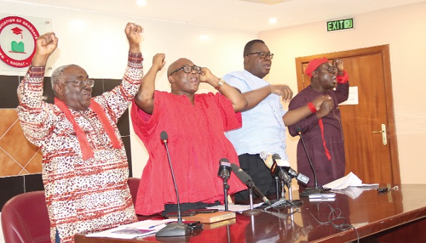 Thomas Tanko Musah (2nd from left), General Secretary, Ghana National Association of Teachers, after declaring the strike. With him are Eric Agbe-Carbonu (2nd from right), President, National Association of Graduate Teachers; Awudu King Ali (right), President, Coaltion of Concerned Teachers, Ghana, and Mark Korankye (left), General Secretary, Teachers and Educational Workers Union. Picture: ELVIS NII NOI DOWUONA Teachers declare industrial action