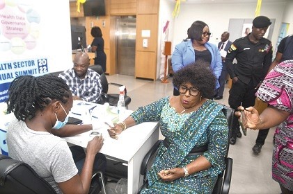 Tina Mensah, Deputy Minister of Health, being tested for blood sugar at the commemoration of World Diabetes Day in Accra Tina Mensah, Deputy Minister of Health, being tested for blood sugar at the commemoration of World Diabetes Day in Accra