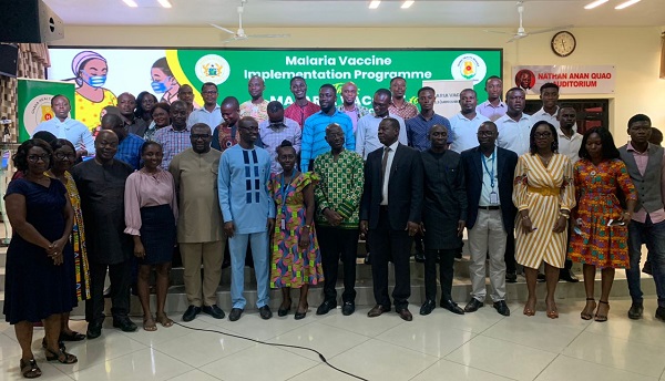 Officials of Ghana Health Service, PATH and some media personnel in a group photo after the media briefing on the malaria vaccine expansion project in Accra Officials of Ghana Health Service, PATH and some media personnel in a group photo after the media briefing on the malaria vaccine expansion project in Accra