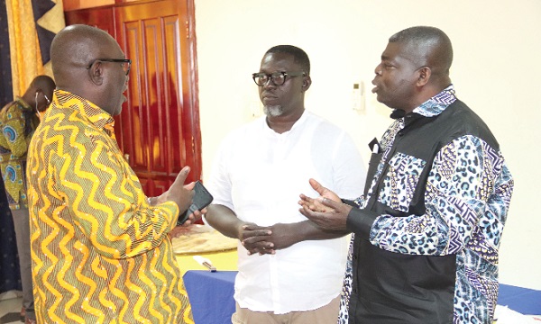 Alex Frimpong (right), CEO, Ghana Employers Association, interacting with Dr Yaw Baah (left), Secretary-General, Trades Union Congress, and Kenneth Koomson (middle), Deputy Secretary General, Ghana Federation of Labour, at the forum. Picture: ELVIS NII NOI DOWUONA Alex Frimpong (right), CEO, Ghana Employers Association, interacting with Dr Yaw Baah (left), Secretary-General, Trades Union Congress, and Kenneth Koomson (middle), Deputy Secretary General, Ghana Federation of Labour, at the forum. Picture: ELVIS NII NOI DOWUONA