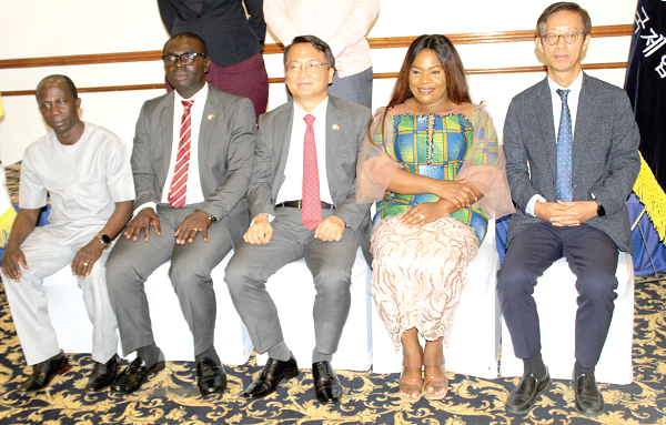 Dominic Adjei Annang (2nd from left), outgoing KAAG President, with Lovia Afoakwa (2nd from right), President of KOICA Alumni Association of Ghana, and Jung -Taek Lim (middle), Korean Ambassador to Ghana. With them is Moo-Heon Kong (right), Country Director of Koica, and some executive members. Picture: ESTHER ADJORKOR ADJEI Dominic Adjei Annang (2nd from left), outgoing KAAG President, with Lovia Afoakwa (2nd from right), President of KOICA Alumni Association of Ghana, and Jung -Taek Lim (middle), Korean Ambassador to Ghana. With them is Moo-Heon Kong (right), Country Director of Koica, and some executive members. Picture: ESTHER ADJORKOR ADJEI