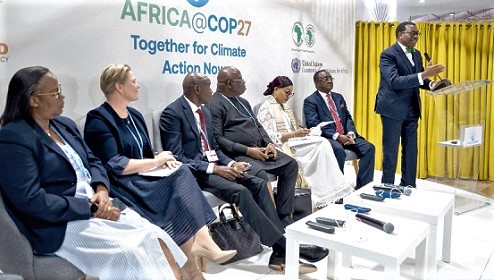 Dr Akinwunmi A. Adesina President of the African Development Bank, welcoming the participants in the high-level event, while the panel members look on Dr Akinwunmi A. Adesina President of the African Development Bank, welcoming the participants in the high-level event, while the panel members look on
