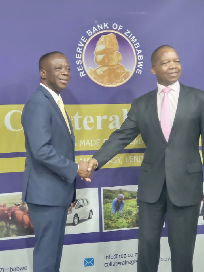 Thomas Baafi (left), CEO of Bsystems Limited with Dr John Mangudya, the Governor of the Reserve Bank of Zimbabwe, after the launch of the Collateral Registry System. Ghana’s Bsystems develops Zimbabwe’s collateral registry