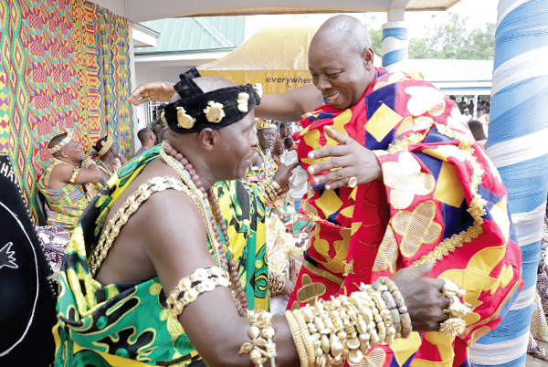 Nene Teidjahene Korabo IV (left), Senior Asafoatse of the Shai State and Chief of Manya Jorpanya, welcoming Nana Obokomatta ix, Chief of Gomoa Dasum in the Central Region, to the durbar. Picture: Samuel Tei Adano Nene Teidjahene Korabo IV (left), Senior Asafoatse of the Shai State and Chief of Manya Jorpanya, welcoming Nana Obokomatta ix, Chief of Gomoa Dasum in the Central Region, to the durbar. Picture: Samuel Tei Adano