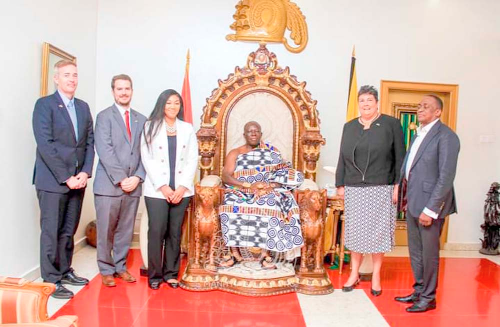 Otumfuo Osei Tutu II (seated) with Virginia E. Palmer (right), the US Ambassador to Ghana, and some members of the US Embassy delegation Otumfuo Osei Tutu II (seated) with Virginia E. Palmer (right), the US Ambassador to Ghana, and some members of the US Embassy delegation