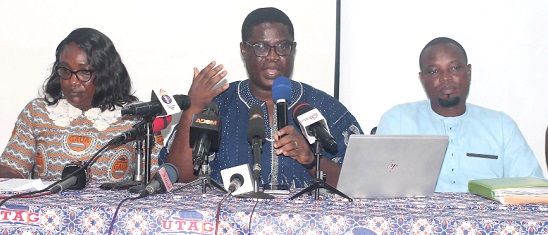 FLASHBACK: Prof. Solomon Nunoo (middle), National President, UTAG, addressing the news conference. With him are Dr Beth Offei-Awuku (left), President, Ghana Association of University Administrators, and Sulemana Abdul-Rahman, Chairman, Teachers and Educational Workers' Union. Picture: Maxwell Ocloo FLASHBACK: Prof. Solomon Nunoo (middle), National President, UTAG, addressing the news conference. With him are Dr Beth Offei-Awuku (left), President, Ghana Association of University Administrators, and Sulemana Abdul-Rahman, Chairman, Teachers and Educational Workers' Union. Picture: Maxwell Ocloo