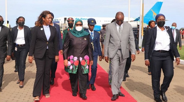 Tanzanian President Samia Suluhu (centre) arrives in Accra, Ghana, on May 23, 2022. PHOTO | COURTESY | IKULU, TANZANIA