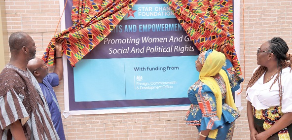 Lariba Zuweira Abudu (2nd from right), being assisted by Alhaji Ibrahim Tanko Amidu (2nd from left), Executive Director, Star-Ghana Foundation, to launch the Gender Rights and Empowerment Programme, while other officials look on. Picture: ELVIS NII NOI DOWUONA Lariba Zuweira Abudu (2nd from right), being assisted by Alhaji Ibrahim Tanko Amidu (2nd from left), Executive Director, Star-Ghana Foundation, to launch the Gender Rights and Empowerment Programme, while other officials look on. Picture: ELVIS NII NOI DOWUONA