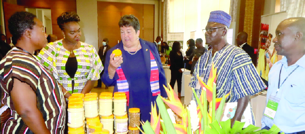 Virginia E. Palmer (middle), US Ambassador to Ghana, inspects some products on display during the summit. Looking on is Dr Victor Antwi (2nd from right), Chief of Party, USAID Feed the Future Ghana MFA Activity, and other officials Agric modernisation key to economic turnaround - Deputy Finance Minister