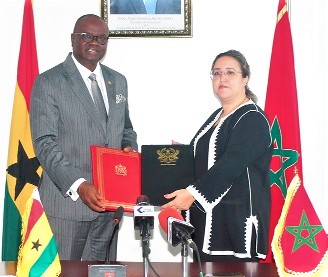 Kwaku Ampratwum-Sarpong (left), Deputy Minister of Foreign Affairs and Regional Integration, and Imane Ouaadil, Moroccan Ambassador to Ghana, exchanging the signed Instruments of Ratification between Morocco and Ghana. Picture: Maxwell Ocloo Kwaku Ampratwum-Sarpong (left), Deputy Minister of Foreign Affairs and Regional Integration, and Imane Ouaadil, Moroccan Ambassador to Ghana, exchanging the signed Instruments of Ratification between Morocco and Ghana. Picture: Maxwell Ocloo