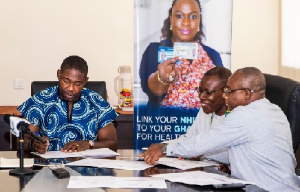 Dr Bernard Okoe-Boye (left) signing the MoU. With him are Pro Vice Chancellor of KNUST (middle), Professor Ellis Owusu-Dabo, and Prof. Christian Agyare, Provost of College of Health Sciences, KNUST Dr Bernard Okoe-Boye (left) signing the MoU. With him are Pro Vice Chancellor of KNUST (middle), Professor Ellis Owusu-Dabo, and Prof. Christian Agyare, Provost of College of Health Sciences, KNUST