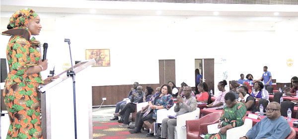 Samira Bawumia (left), Wife of the Vice- President, addressing the conference in Accra. Picture: ELVIS NII NOI DOWUONA