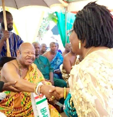 Nene Sakite II, the Konor of Manya Krobo, congratulating Joyce Nyaunu, one of the honorees Nene Sakite II, the Konor of Manya Krobo, congratulating Joyce Nyaunu, one of the honorees