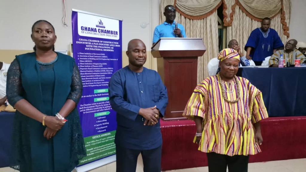 Newly elected leadership of the Ghana Chamber of Construction Industry (GhCCI). On the extreme left is Mrs Naa Lamiley Bentil, the General Secretary, Nana Opare-Kwafo, (middle) the Vice-chairman and Mr. Emmanuel Nene Martey (right), the Chairman. Ghana Chamber of Construction Industry elects new leadership