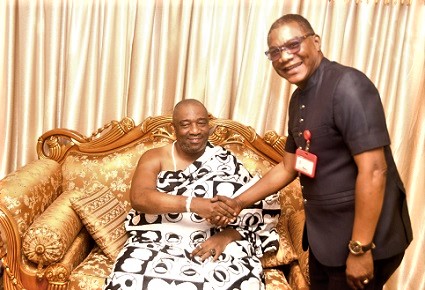 King Nii Tackie Teiko Tsuru II, the Ga Mantse, welcoming Kobby Asmah, Editor, Graphic, to his residence in Accra King Nii Tackie Teiko Tsuru II, the Ga Mantse, welcoming Kobby Asmah, Editor, Graphic, to his residence in Accra
