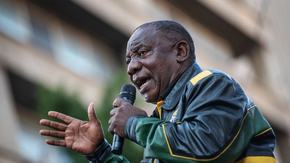 President Ramaphosa - pictured here at an election victory rally in 2019 - tried to calm down the angry miners to no avail President Ramaphosa - pictured here at an election victory rally in 2019 - tried to calm down the angry miners to no avail