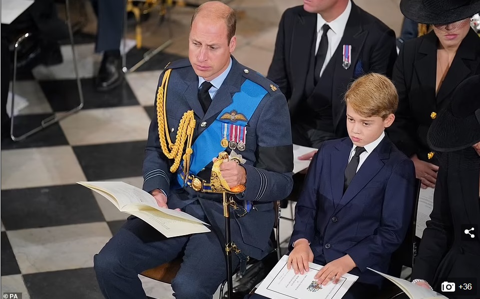Prince George, nine, and Princess Charlotte, seven, sat in hushed solemnity alongside the Queen Consort and Princess of Wales as they made their way to Westminster Abbey by car this morning. Princess Charlotte donned a black hat with bow and held her mother's hand tightly as they arrived at Westminster Abbey ahead of the state funeral. The Wales' youngest son, Prince Louis, four, stayed at home Prince George, 9, and Princess Charlotte, 7 - wearing a black hat - look solemn as they arrive at the Queen's funeral with their mother