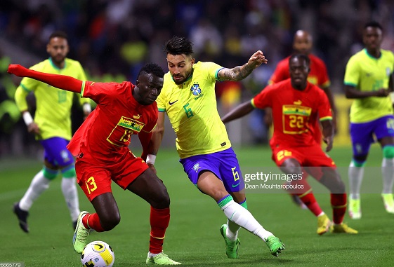 Felix Afena-Gyan of Ghana battles for possession with Alex Telles of Brazil Felix Afena-Gyan of Ghana battles for possession with Alex Telles of Brazil