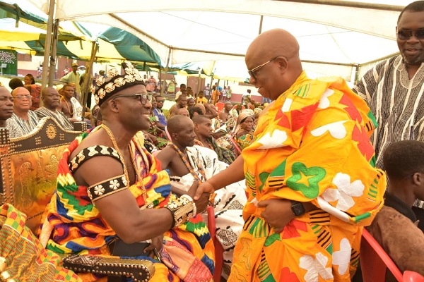 Togbe Dzaga (left) and Dr Archibald Yao Letsa in a hearty exchange at the durbar Klefe rounds off Yam Festival with grand durbar