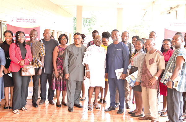 Ernest Ortsin (4th from right), President, Ghana HIV and AIDS Network, with Dr Nii Nortey Hanson-Nortey (5th from left), Public Health Consultant, Hilly Consult, and Trudi Nunoo (arrowed), Technical Advisor, FHI 360 Epic Ghana, at the workshop. Picture: ELVIS NII NOI DOWUONA Ernest Ortsin (4th from right), President, Ghana HIV and AIDS Network, with Dr Nii Nortey Hanson-Nortey (5th from left), Public Health Consultant, Hilly Consult, and Trudi Nunoo (arrowed), Technical Advisor, FHI 360 Epic Ghana, at the workshop. Picture: ELVIS NII NOI DOWUONA
