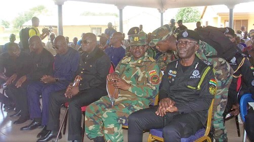Ambrose Dery (4th right), Interior Minister; Dominic Nitiwul (3rd right), Minister of Defence; Dr George Akuffo Dampare (right), the Inspector-General of Police (IGP); Vice-Admiral Seth Amoama (2nd right), the Chief of the Defence Staff, at Bawku Naba's Palace in Bawku Ambrose Dery (4th right), Interior Minister; Dominic Nitiwul (3rd right), Minister of Defence; Dr George Akuffo Dampare (right), the Inspector-General of Police (IGP); Vice-Admiral Seth Amoama (2nd right), the Chief of the Defence Staff, at Bawku Naba's Palace in Bawku