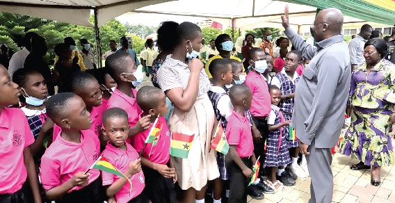 Vice-President Dr Mahamudu Bawumia together with Akosua Frema Osei Opare (right), Chief of Staff, Office of the President, exchanging pleasantries with some school children at the Jubilee House. Picture: SAMUEL TEI ADANO Vice-President Dr Mahamudu Bawumia together with Akosua Frema Osei Opare (right), Chief of Staff, Office of the President, exchanging pleasantries with some school children at the Jubilee House. Picture: SAMUEL TEI ADANO