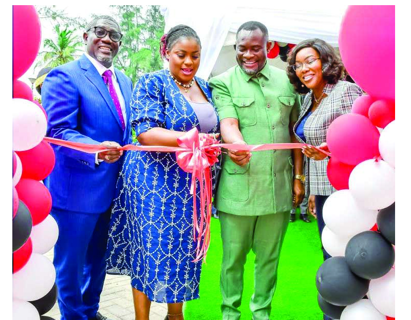 Daniel Wilson Addo (1st from left), MD-CBG, Nana Ama Dokua Asiamah-Adjei (2nd from left), Deputy Minister for Trade and Industry, Dr John Kumah (3rd from left), Deputy Minister of Finance and Nana Ama Poku, Deputy MD Corporate Resources, CBG, cutting the ribbon to officially open the CBG SME Centre CBG commissions ultra-modern SME center at Kokomlemle — Relocates Trade Fair branch