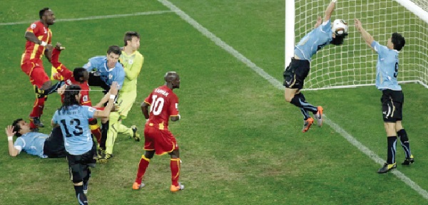  At the 2010 World Cup in South Africa, Uruguay's Lius Suárez stopped a Ghana goal with his hand at the end of extra time and received a red card before Asamoah Gyan missed the resulting penalty