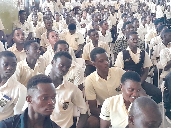 Seth Kwame Acheampong (inset), Eastern Regional Minister, addressing students of the Koforidua Senior High Technical School on the school's premises Stay away from illicit drugs - E/R Minister cautions Koforidua SHTS students