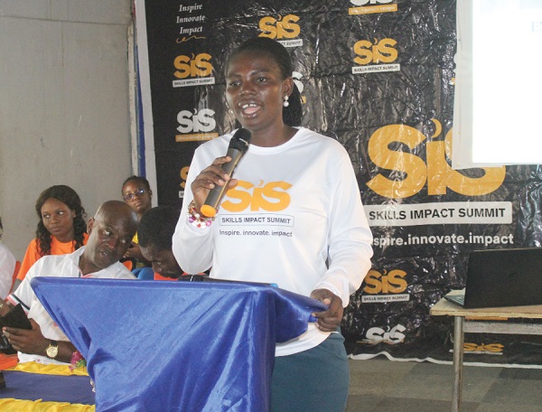 Stella Gyimaah Larbi (inset), 2022 National Best Teacher, speaking at the summit. Pictures: ERNEST KODZI Develop soft skills - 2022 National Best Teacher to students