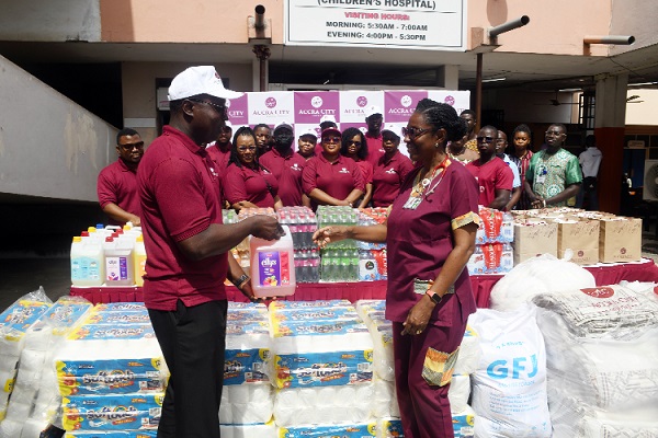 Divine Martey (left), General Manager of Accra City Hotel, presenting the items to Dr Maame Yaa Nyarko, Medical Superintendent, Princess Marie Louis Children’s Hospital Accra City Hotel donates to Princess Marie Hospital