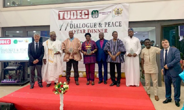 • Cafer Tepeli (1st from left), President of TUDEC Development Centre; Sheikh Abdul Mumin Haroun (2nd from left), the Ashanti Regional Chief Imam; Rev. Dr Johnson A. Mbillah (3rd from left), the Director of the Centre for Interfaith Studies at the Akrofi-Christaller Institute of Theology, Mission and Culture; Adelaide Anno-Kumi (4th from left), the Chief Director of the Ministry of the Interior, with other dignitaries after the ceremony • Cafer Tepeli (1st from left), President of TUDEC Development Centre; Sheikh Abdul Mumin Haroun (2nd from left), the Ashanti Regional Chief Imam; Rev. Dr Johnson A. Mbillah (3rd from left), the Director of the Centre for Interfaith Studies at the Akrofi-Christaller Institute of Theology, Mission and Culture; Adelaide Anno-Kumi (4th from left), the Chief Director of the Ministry of the Interior, with other dignitaries after the ceremony
