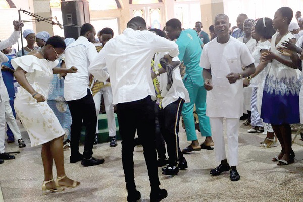 Some worshippers dancing at the St Martin De Porres Catholic Church at Atonsu in Kumasi on Easter Sunday. Picture: EMMANUEL BAAH Easter marked with church services