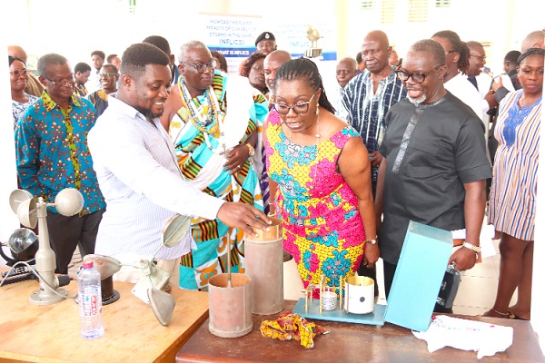 Ursula Owusu-Ekuful (2nd from left) inspecting some meteorological instruments during the closing ceremony of the Meteorological Awareness Month. With her is Eric Asuman (right), acting Director-General, Ghana Meteorological Agency. Picture: ELVIS NII NOI DOWUONA GMet deploys 249 new staff