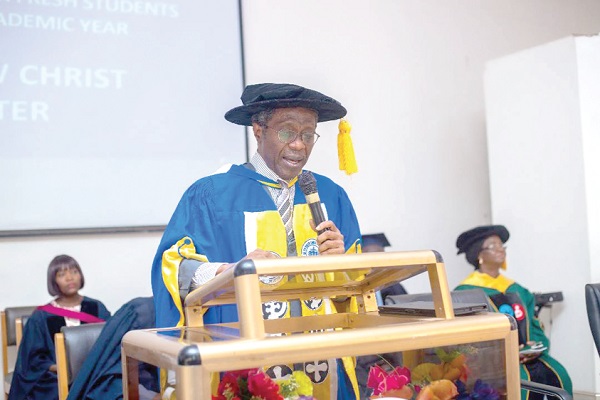 Prof. Sam Afrane (left), President of the Christian University College, addressing the students Christian Service University admits more females