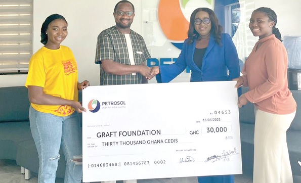 • Lawrencia Himans (2nd from right), Head of Finance and Planning at PETROSOL, making the presentation to Dr Brainerd Anani of the GRAFT Foundation. With them is Susuana Efua Amissah (right) of PETROSOL and an official of the foundation • Lawrencia Himans (2nd from right), Head of Finance and Planning at PETROSOL, making the presentation to Dr Brainerd Anani of the GRAFT Foundation. With them is Susuana Efua Amissah (right) of PETROSOL and an official of the foundation