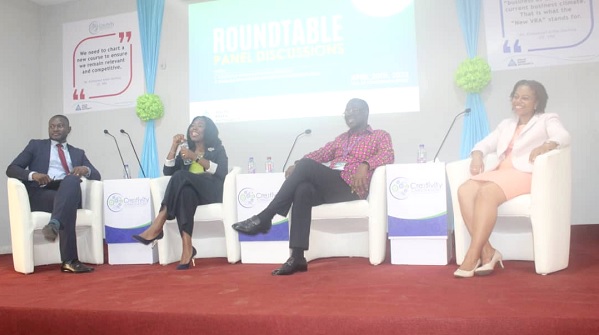 • Theresa Randolph (right), Chief Executive Officer, Phyto-Riker (GIHOC) Pharmaceuticals Ltd, Emmanuel Antwi-Darkwa (2nd from right), the Chief Executive of the VRA, and Abena Osei-Poku, the Managing Director of Absa Bank Ghana, having the panel discussion. BELOW: Some participants in the meeting • Theresa Randolph (right), Chief Executive Officer, Phyto-Riker (GIHOC) Pharmaceuticals Ltd, Emmanuel Antwi-Darkwa (2nd from right), the Chief Executive of the VRA, and Abena Osei-Poku, the Managing Director of Absa Bank Ghana, having the panel discussion. BELOW: Some participants in the meeting