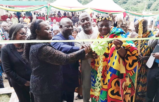 Chief Justice Gertrude Torkornoo (left) being assisted by Raymond Nana Damptey (2nd from right), DCE for Birim North; John Osei Frimpong (2nd from left), MP for New Abirem, and Obrempong Nana Akwasi Amoh Kyeretwie I (right), the Abiremhene, to cut the tape to officially inaugurate the new circuit court (below) at New Abirem Chief Justice Gertrude Torkornoo (left) being assisted by Raymond Nana Damptey (2nd from right), DCE for Birim North; John Osei Frimpong (2nd from left), MP for New Abirem, and Obrempong Nana Akwasi Amoh Kyeretwie I (right), the Abiremhene, to cut the tape to officially inaugurate the new circuit court (below) at New Abirem
