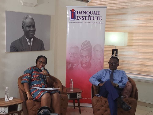 Dr Antoinette Tsiboe-Darko, the Executive Director of DI, in discussion a with Dr Lawrence Boakye, a Senior Lecturer at UG Dr Antoinette Tsiboe-Darko, the Executive Director of DI, in discussion a with Dr Lawrence Boakye, a Senior Lecturer at UG